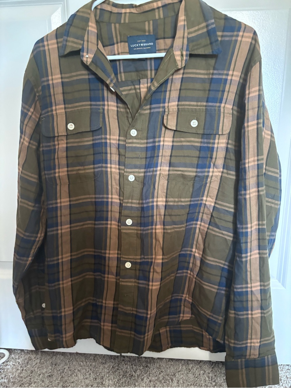 Lucky Brand Olive Plaid Button-Down with Blue and Tan Stripes